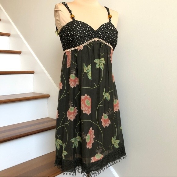 Cynthia Steffe Silk Dress Womens 2 Brown Floral Polka Dot Lace Trim Empire Waist - Picture 1 of 13